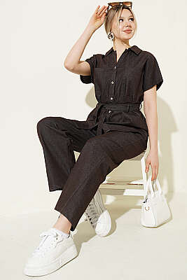 Kuşaklı Kısa Kol Kot İkili Takım Kahve - DİVON