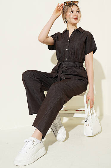 Kuşaklı Kısa Kol Kot İkili Takım Kahve - Kadın Giyim Modelleri