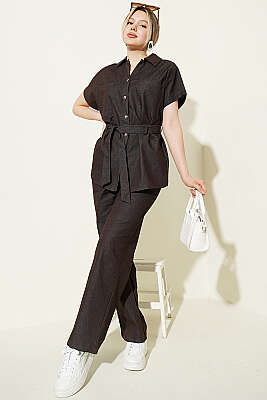 Kuşaklı Kısa Kol Kot İkili Takım Kahve - Kadın Giyim Modelleri