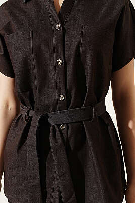 Kuşaklı Kısa Kol Kot İkili Takım Kahve - Kadın Giyim Modelleri