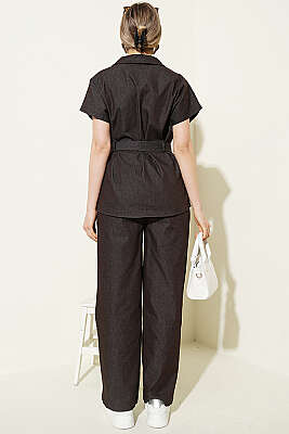 Kuşaklı Kısa Kol Kot İkili Takım Kahve - Kadın Giyim Modelleri