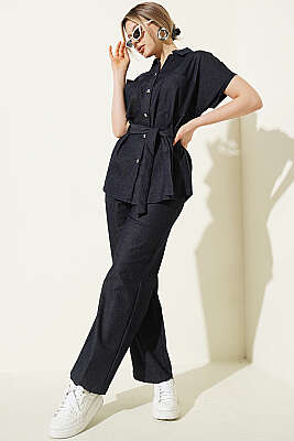 Kuşaklı Kısa Kol Kot İkili Takım Lacivert - DİVON