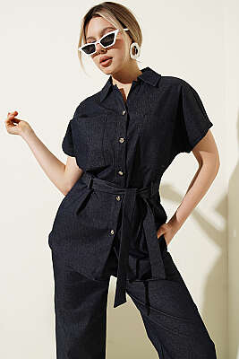 Kuşaklı Kısa Kol Kot İkili Takım Lacivert - Kadın Giyim Modelleri