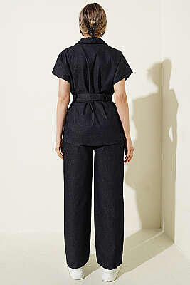 Kuşaklı Kısa Kol Kot İkili Takım Lacivert - Kadın Giyim Modelleri