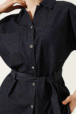 Kuşaklı Kısa Kol Kot İkili Takım Lacivert - Kadın Giyim Modelleri