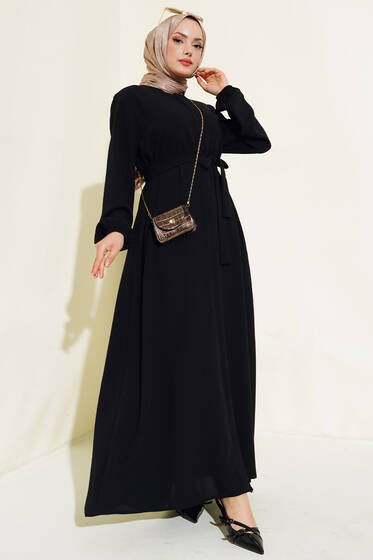 Kuşaklı Kol Lastikli Ferace Siyah - Ferace