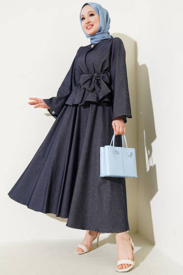 Kuşaklı Kot Ceketli Etekli İkili Takım Füme - İkili Takım