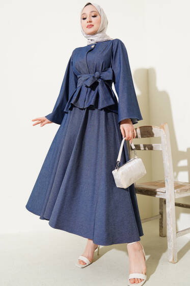 Kuşaklı Kot Ceketli Etekli İkili Takım Koyu Mavi - İkili Takım