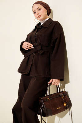 Kuşaklı Kot Ceketli Kot İkili Takım Acı Kahve - Günün Seçilenleri
