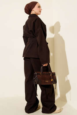 Kuşaklı Kot Ceketli Kot İkili Takım Acı Kahve - Günün Seçilenleri