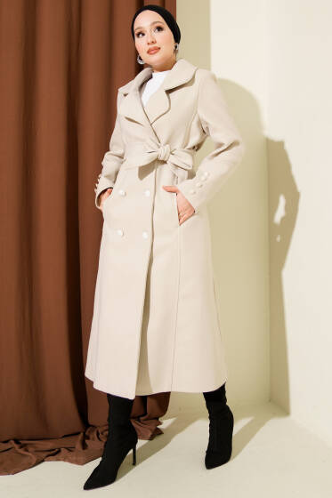 Kuşaklı Kruvaze Yaka Cepli Kaşe Kaban Bej - Kaban