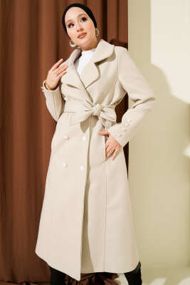 Kuşaklı Kruvaze Yaka Cepli Kaşe Kaban Bej - Kaban