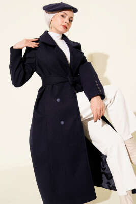 Kuşaklı Kruvaze Yaka Cepli Kaşe Kaban Lacivert - Kaban