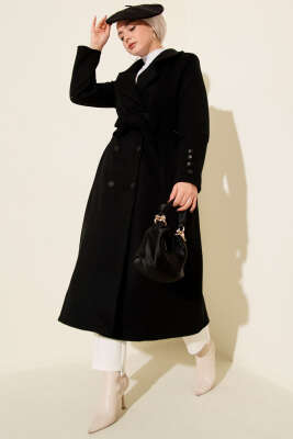 Kuşaklı Kruvaze Yaka Cepli Kaşe Kaban Siyah 