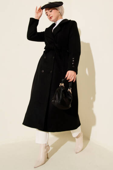 Kuşaklı Kruvaze Yaka Cepli Kaşe Kaban Siyah - Kaban