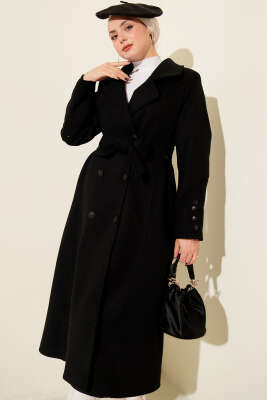 Kuşaklı Kruvaze Yaka Cepli Kaşe Kaban Siyah - Kaban