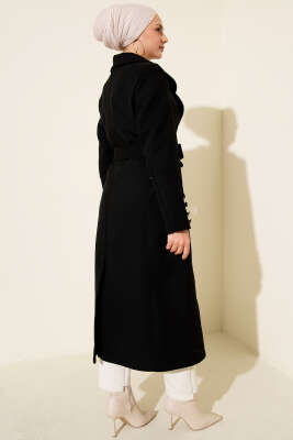 Kuşaklı Kruvaze Yaka Cepli Kaşe Kaban Siyah - Kaban