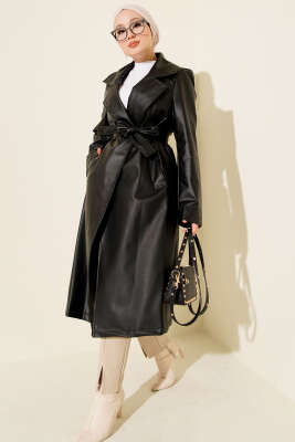 Kuşaklı Kruvaze Yaka Deri Uzun Trençkot Siyah - ENTER TEKSTİL