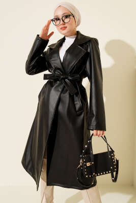 Kuşaklı Kruvaze Yaka Deri Uzun Trençkot Siyah - Trençkot