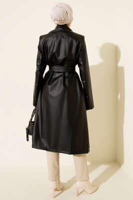 Kuşaklı Kruvaze Yaka Deri Uzun Trençkot Siyah - Trençkot