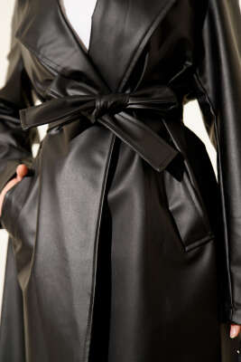 Kuşaklı Kruvaze Yaka Deri Uzun Trençkot Siyah - Trençkot