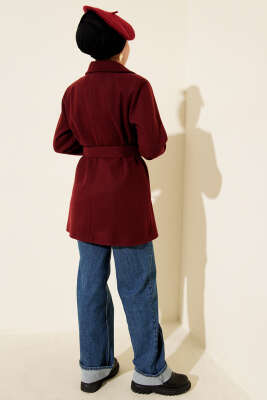 Kuşaklı Kruvaze Yaka Kısa Kaşe Kaban Bordo - Kaban