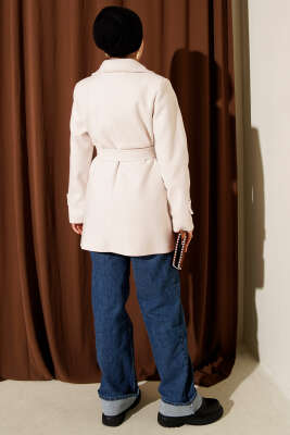 Kuşaklı Kruvaze Yaka Kısa Kaşe Kaban Ekru - Kaban