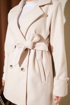 Kuşaklı Kruvaze Yaka Kısa Kaşe Kaban Ekru - Kaban