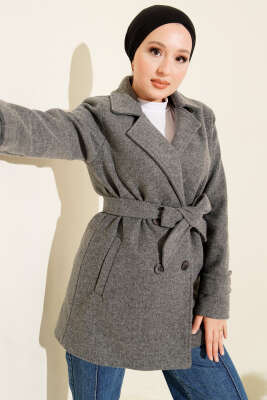 Kuşaklı Kruvaze Yaka Kısa Kaşe Kaban Füme - MUSTİ