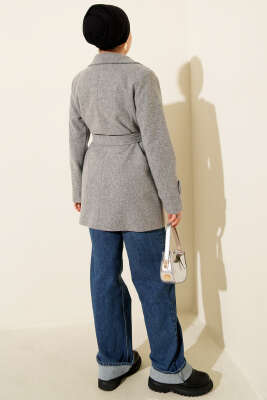 Kuşaklı Kruvaze Yaka Kısa Kaşe Kaban Gri - Kaban