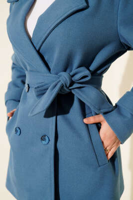 Kuşaklı Kruvaze Yaka Kısa Kaşe Kaban Mavi - Kaban