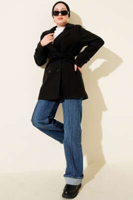 Kuşaklı Kruvaze Yaka Kısa Kaşe Kaban Siyah - Kaban