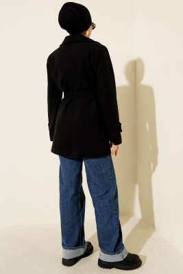 Kuşaklı Kruvaze Yaka Kısa Kaşe Kaban Siyah - Kaban