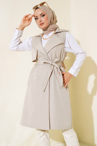 Kuşaklı Kruvaze Yaka Trençkot Yelek Taş - Trençkot