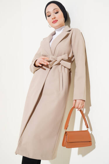 Kuşaklı Kruvaze Yaka Uzun Kaşe Kaban Bej - Kaban