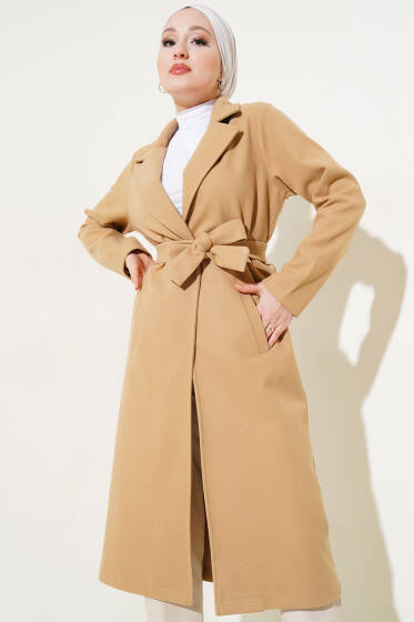 Kuşaklı Kruvaze Yaka Uzun Kaşe Kaban Camel - Kaban