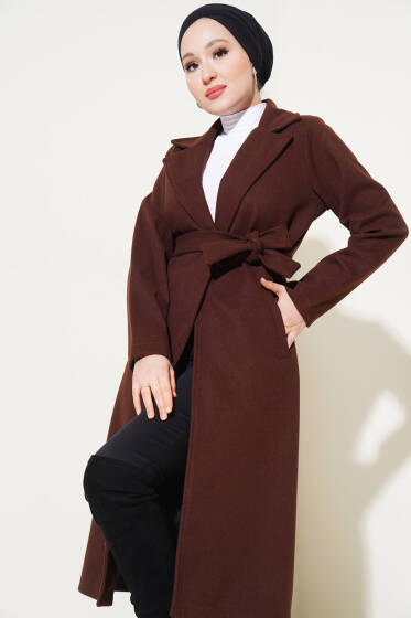 Kuşaklı Kruvaze Yaka Uzun Kaşe Kaban Kahve - Kaban