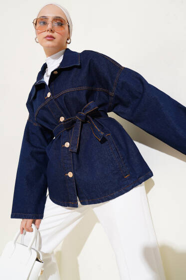 Kuşaklı Metal Düğmeli Kot Ceket Lacivert - Ceket
