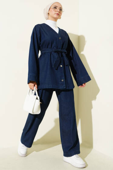 Kuşaklı Metal Düğmeli Kot İkili Takım Kot - İkili Takım