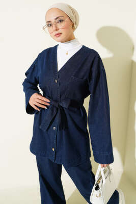 Kuşaklı Metal Düğmeli Kot İkili Takım Kot - İkili Takım