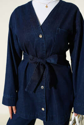 Kuşaklı Metal Düğmeli Kot İkili Takım Kot - İkili Takım