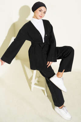 Kuşaklı Metal Düğmeli Kot İkili Takım Siyah - BERAT TEKSTİL