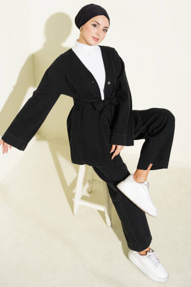 Kuşaklı Metal Düğmeli Kot İkili Takım Siyah - İkili Takım