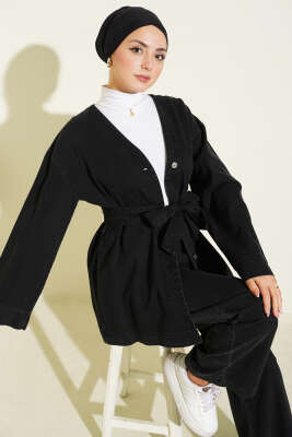 Kuşaklı Metal Düğmeli Kot İkili Takım Siyah - İkili Takım