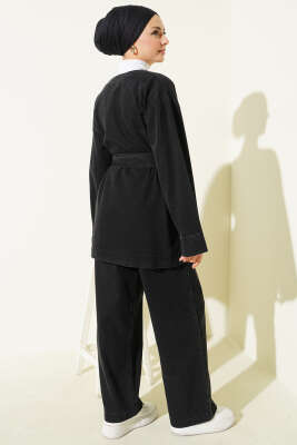 Kuşaklı Metal Düğmeli Kot İkili Takım Siyah - İkili Takım