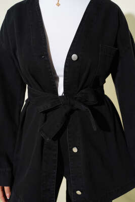 Kuşaklı Metal Düğmeli Kot İkili Takım Siyah - İkili Takım