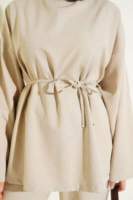 Kuşaklı Mini Taşlı İkili Takım Bej - İkili Takım