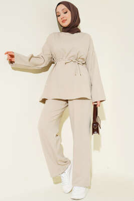 Kuşaklı Mini Taşlı İkili Takım Bej - TABLO FASHİON
