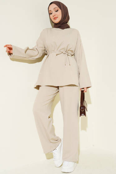 Kuşaklı Mini Taşlı İkili Takım Bej - İkili Takım