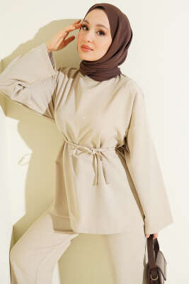 Kuşaklı Mini Taşlı İkili Takım Bej - İkili Takım